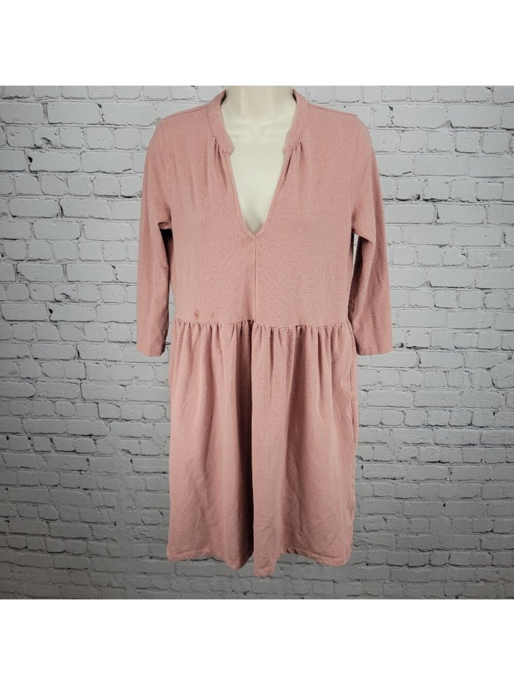 Synergy Pink Organic Cotton Stretch 3/4 Sleeve Ruched Knee Length Dress Small S